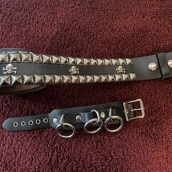 Stud, Skull Belt And 3 O-rings Adjustable Leather Wristband