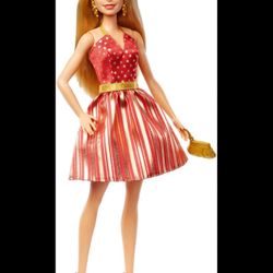 Mattel Blonde Barbie Party Doll Red Gold Fashion Party Dress Christmas