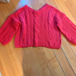 Pink Cable Knit Oversized Cropped Sweater V-Neck Balloon Sleeve Cotton Blend Large