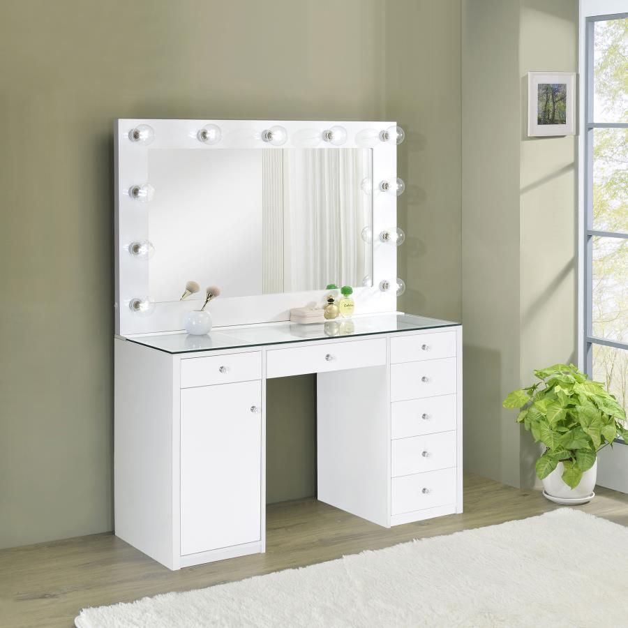 NEW🔥7-drawer Vanity Set with Lighting White High Gloss