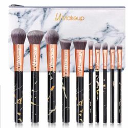 10Pcs Black Marble Printed Makeup Brush Set With Cosmetic Bag