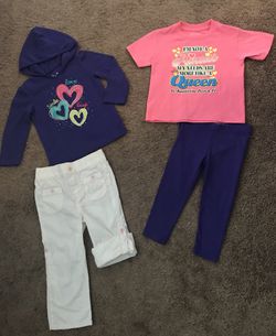 2 NEW GIRLS SIZE 2T OUTFIT SET’S - 2 PAIRS OF PANTS, 1 LONG SLEEVE HOODIE SHIRT, & 1 SHORT SLEEVE TOP