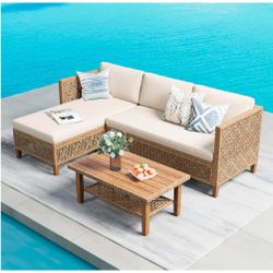 Brand New Wicker Patio Furniture Set, Outdoor L-Shaped Sectional Sofa with Cushions and Acacia Wood Double-Layer Coffee Table, Boho Style for Garden, 