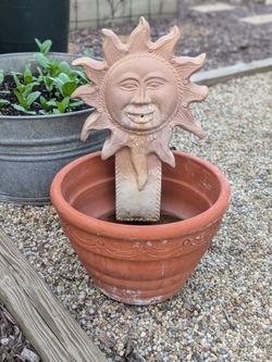 Vintage Celestial Happy Terra Cotta Sun Fountain With Terra Cotta Pot -NO Pump