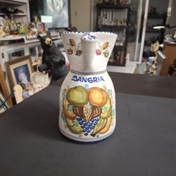 Spanish Sangria Pitcher Hand-painted W/Fruit Pattern- Made In Spain By De La Cal Barreira Puente W/Crimped Spout To Hold Ice & Fruit 8.25" Tall 