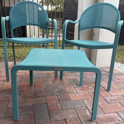 Two Teal/Blue Crate And Barrel Mesh Square Stackable Outdoor Dining Chair with Arms And Stool