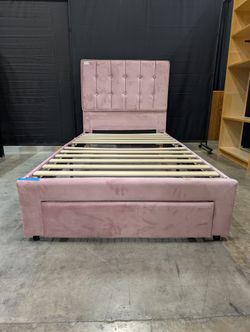 Pink Velvet Tufted Twin Platform Bed Frame with Storage Drawers