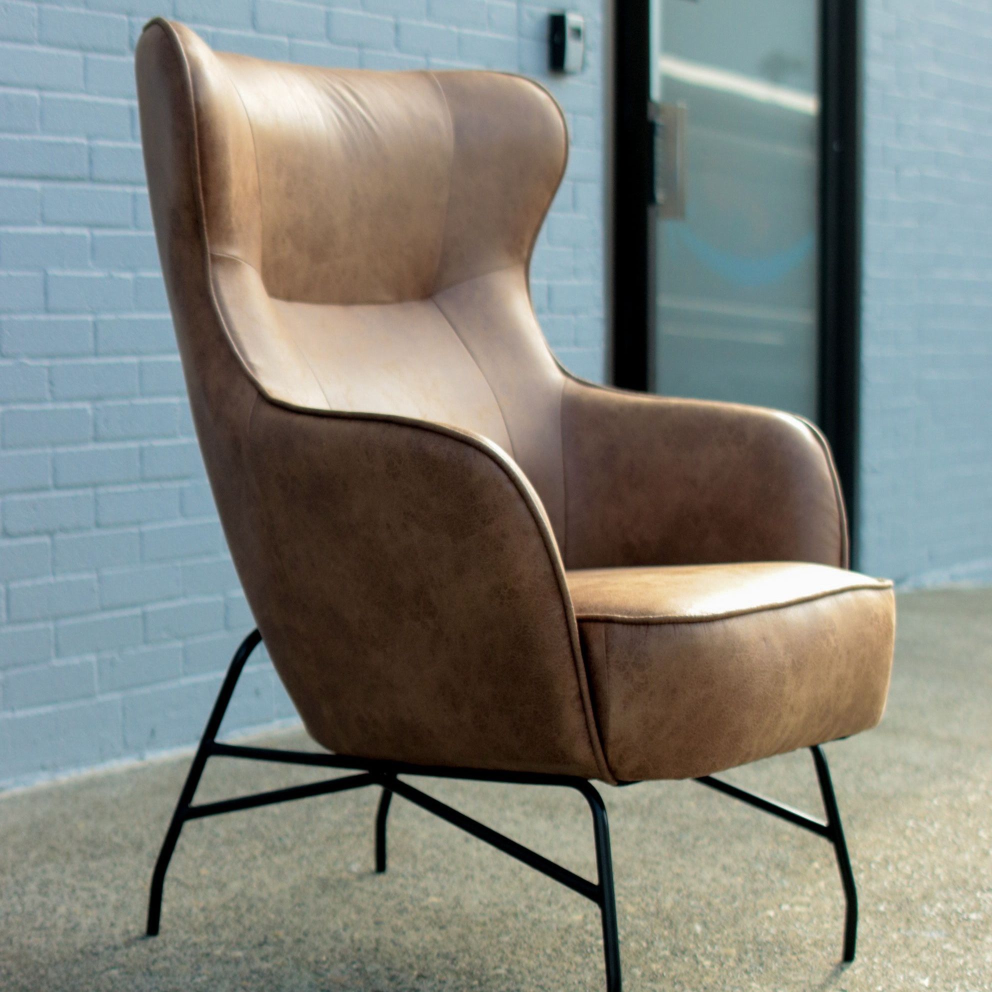 Tan Midcentury Modern Style Wingback Chair ✨ Industrial Saddle Chair 34"x 29" x 42"
