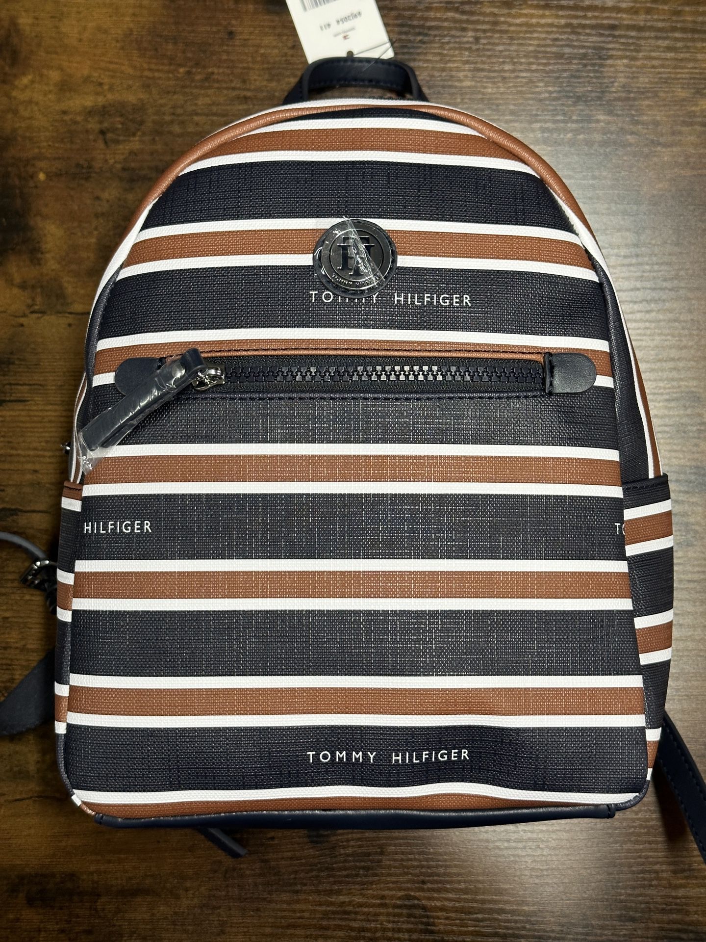 Tommy Hilfiger Striped Backpack Shoulder Bag Cognac Blue White Travel Bookbag