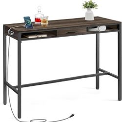 VASAGLE Bar Table with Power Outlets, 47.2 Inches Long Bar Height Pub Table, Rectangular High Top, with Movable Drawer, 2 Hooks, Narrow Storage for Ki