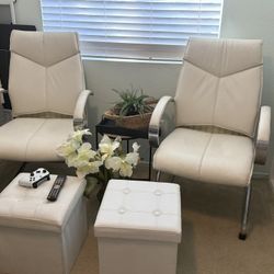 2 White Leather Cushioned Chairs With Metal Legs, Pair