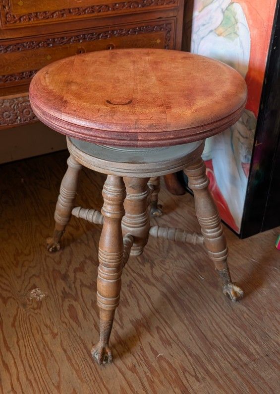 1880s Maple Piano Stool Lyon Healy Chicago Round Glass Eagle Claw Balls on Cast Iron Rods Swivel Adjusting Seat Adjustable Seat