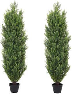 Newly assembled Artificial Topiary Cedar Trees Outdoor 4FT Tall 2 Set, Realistic Faux Pine Cypress Shrubs Bushes, UV Resistant Large Fake Evergreen Pl