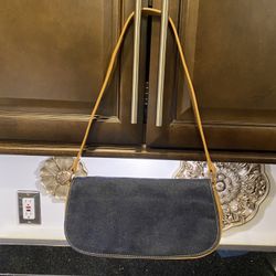 Navy Blue Denim Crossbody Purse Bag with Beige Leather Trim 