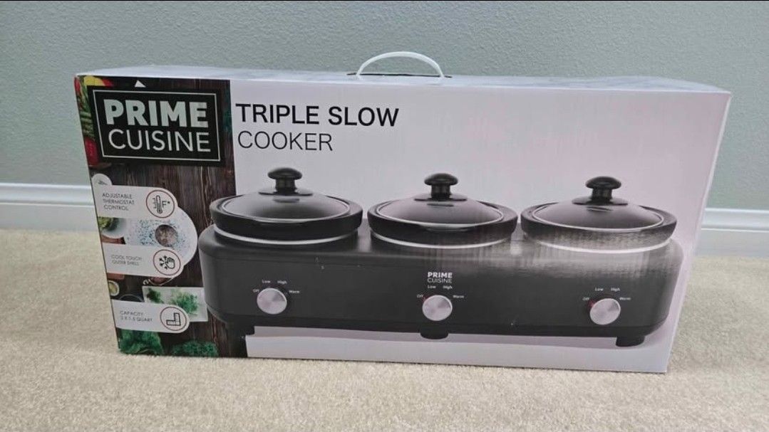 Prime cuisine 1.5 Quart Triple Slow Cooker and Buffet Server, Small Mini Slow Cooker with 3 Ceramic