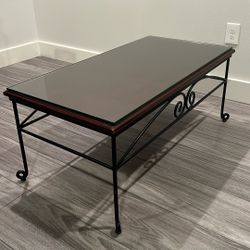 Wrought Iron And Espresso Wood Coffee Table With Glass Top 