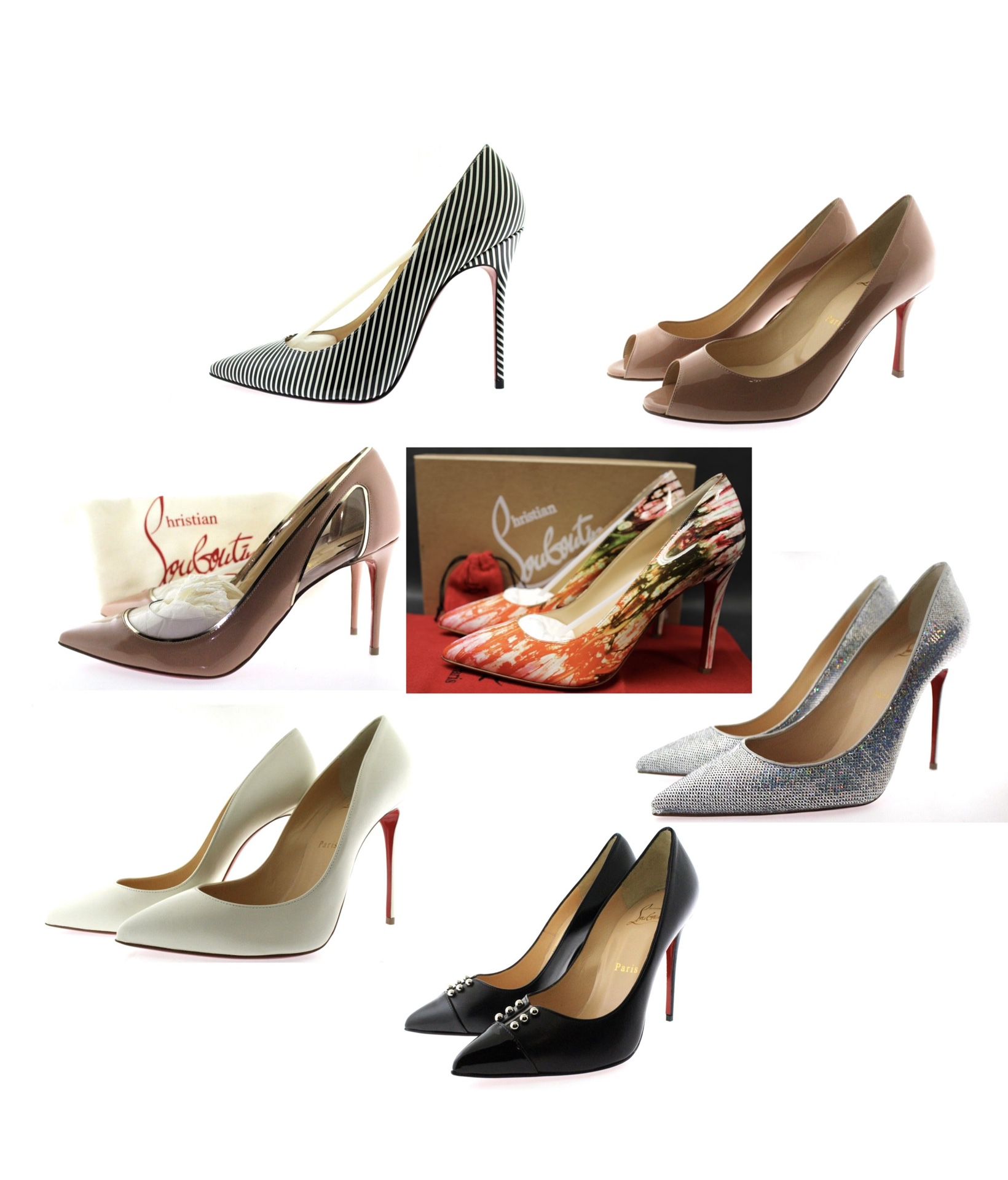 NEW Christian Louboutin women’s heels - 9 US, 6 US - white black glitter silver open toe leather nude pump - PRICE FOR EACH - LOOK DESCRIPTION