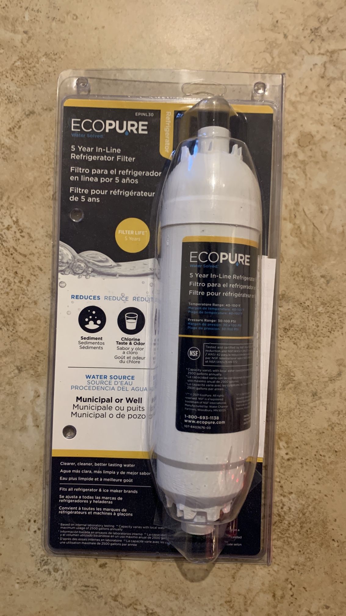 EcoPure EPINL30 In-Line Refrigerator Filter, Universal, 5 Year, Includes 1/4" Compression and Push to Connect Fittings, White (NEW)