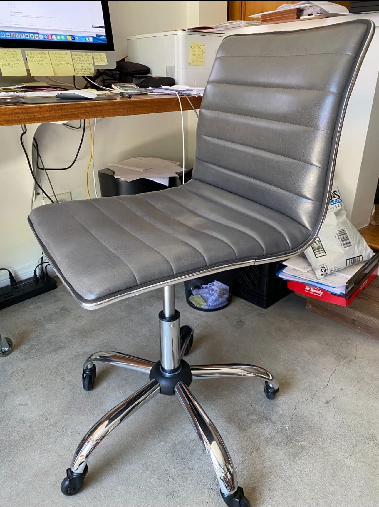 Grey Swivel Mid Back Armless Gray Ribbed Task Leather Chair, upholstery and Chrome Makeup Vanity Desk Rolling Armless Nail Salon Desk Chair Knitting