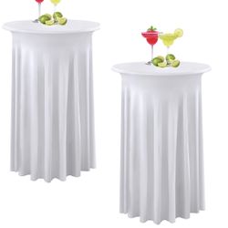 2 Pack White Round High Top Cocktail Table Cloth 24×43 Inch, Wrinkle Free Stretch Spandex Highboy White Cocktail Tablecloths Table Covers with Skirt f
