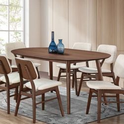 Brand New Walnut & Beige Mid Century Modern Style 7pc Dining Table Set