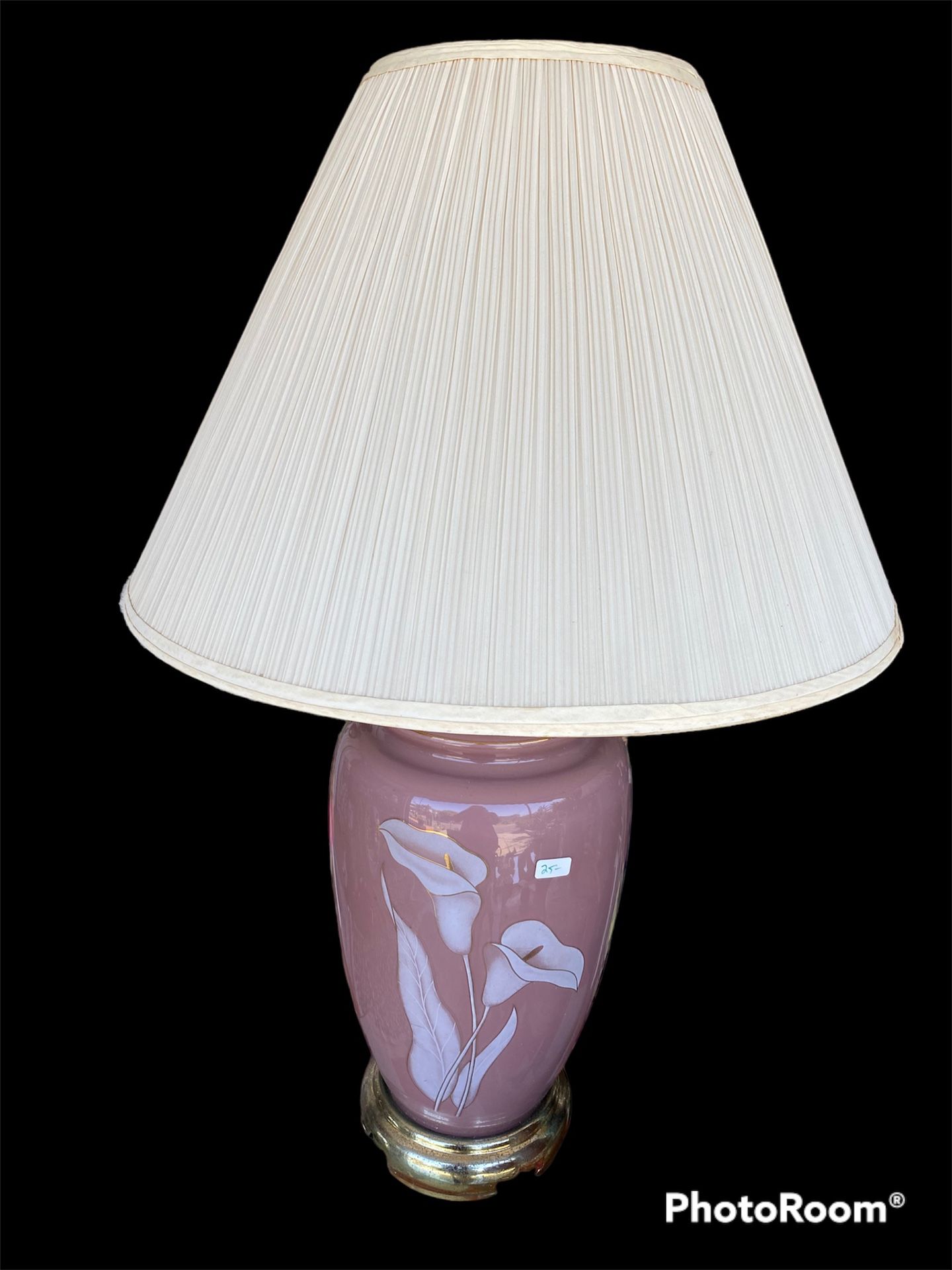Vintage 80s Gold Trim Calla Lily Accent Mauve Ceramic Lamp Pleated Shade