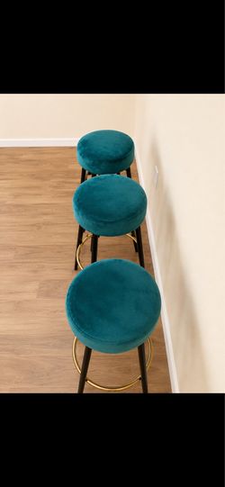 Set of 3 Velvet Bar Stools Teal Green Gold Footrest Counter Height Modern
