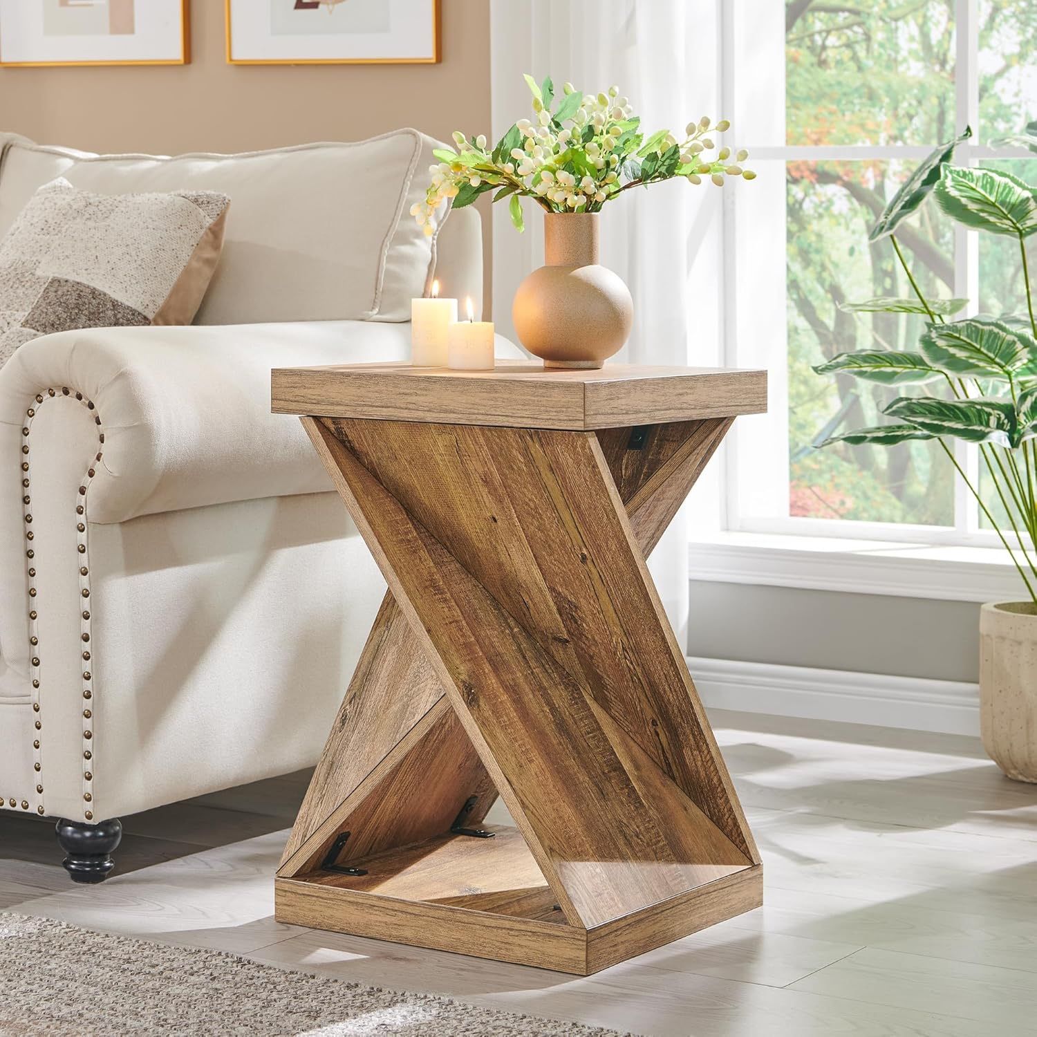 Modern Nightstand, Twisted Side Table with Wood Thickened Pedestal, 16" Square Rustic End Table, Farmhouse Bedside Table for Bedroom, Living 