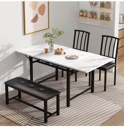 4-Piece Faux Marble Drop Leaf Dining Table with Storage Rack, Space Saving Breakfast Nook Table Set with 2 Backrest Chairs and 1 Upholstered Bench, Ki