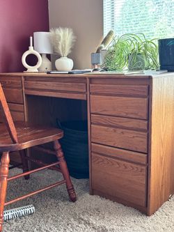 Solid Oak Wood Desk with Drawers