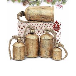 Akatva Large Brass Cow Bells for Rustic Christmas Decor - Set of 5 Vintage Gold Bells on Rope