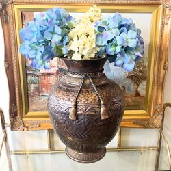 Vintage 13” H Ornate Vintage Brass Urn-Style Tassel Vase