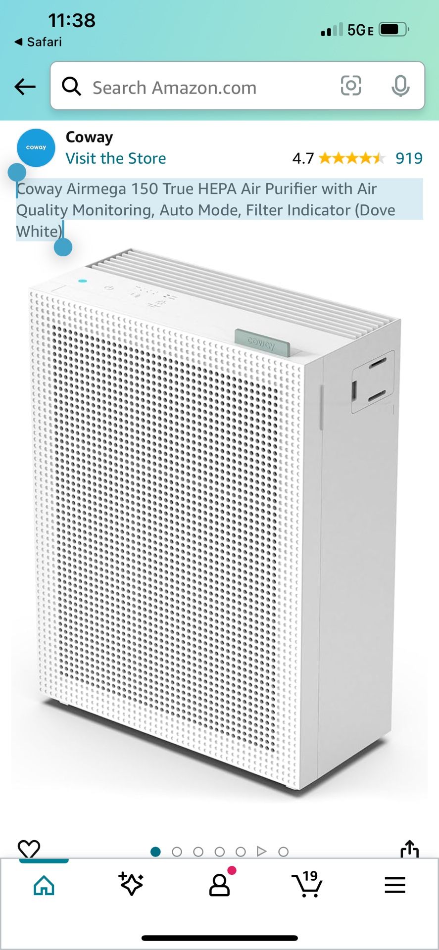 Coway Airmega 150 True HEPA Air Purifier with Air Quality Monitoring, Auto Mode, Filter Indicator (Dove White)