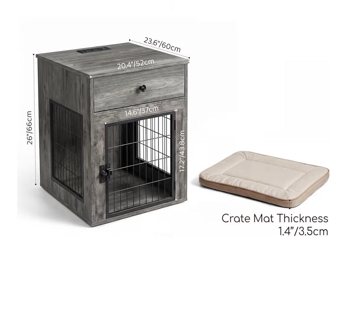 Dog cage/coffee table with outlets and dog bed