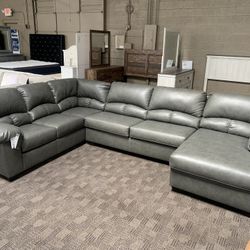 Grey Leather Sectional 