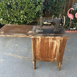 Antique White Sewing Machine with Original Table