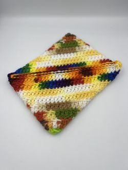 Crochet Vintage 70s Crochet Potholders /Hot plate mat orange yellow green brown