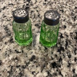 Vintage Salt Pepper Shakers Green Glass Metal Lid