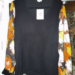 NWT LuLaRoe Black Floral Penny Mixed Media Sleeve Top - Woman’s Size 2XL 