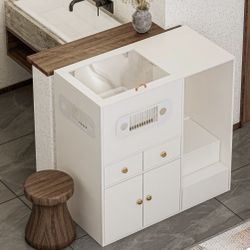 40.2" Hidden Cat Cabinet with Hydraulic Glass Door and Storage, Modern White Cat Litter Box Enclosure Furniture for Living Room