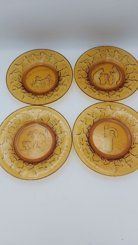 4 Vintage Amber Tiara Glass Nursery Rhyme Plates