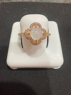 14k gold plated Opal Clover Halo Ring Triple A CZ stones