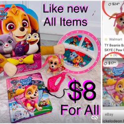 $8 For All Paw Patrol Skye Puppy collection TY Beanie Plushy, Books,Plate,mask like New