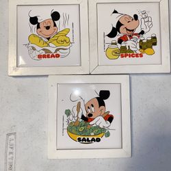 3 Vtg Disney Mickey Ceramic Tile Trivets Plaques salad spices bread RARE