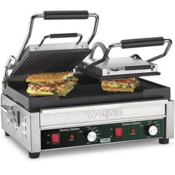 Waring Commercial WPG300 Panini Otimo Dual Ribbed Panini Grill, 240V, 3200W, 6-20 Phase Plug, Silver, 15.5 x 18.75 x 9.25 inches Stainless Steel·Manua