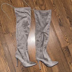 Grey Heeled Thigh High Boots