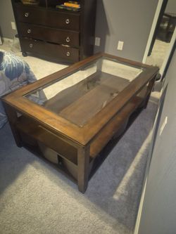 Wood and Glass Top Coffee Table and End Table