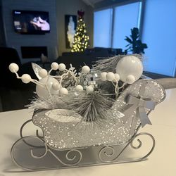12”x7” White/Silver Sparkle Sleigh Table Decor, NEW
