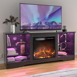 TV Stand with 18''Fireplace, Modern Entertainment Center for TVs up to 65 inch, Media TV Console with Adjustable Glass Shelves  (Black)