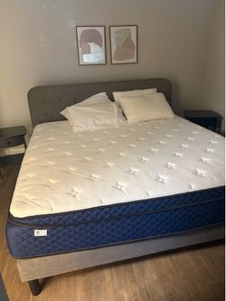 Mattress, bed frame, and side tables